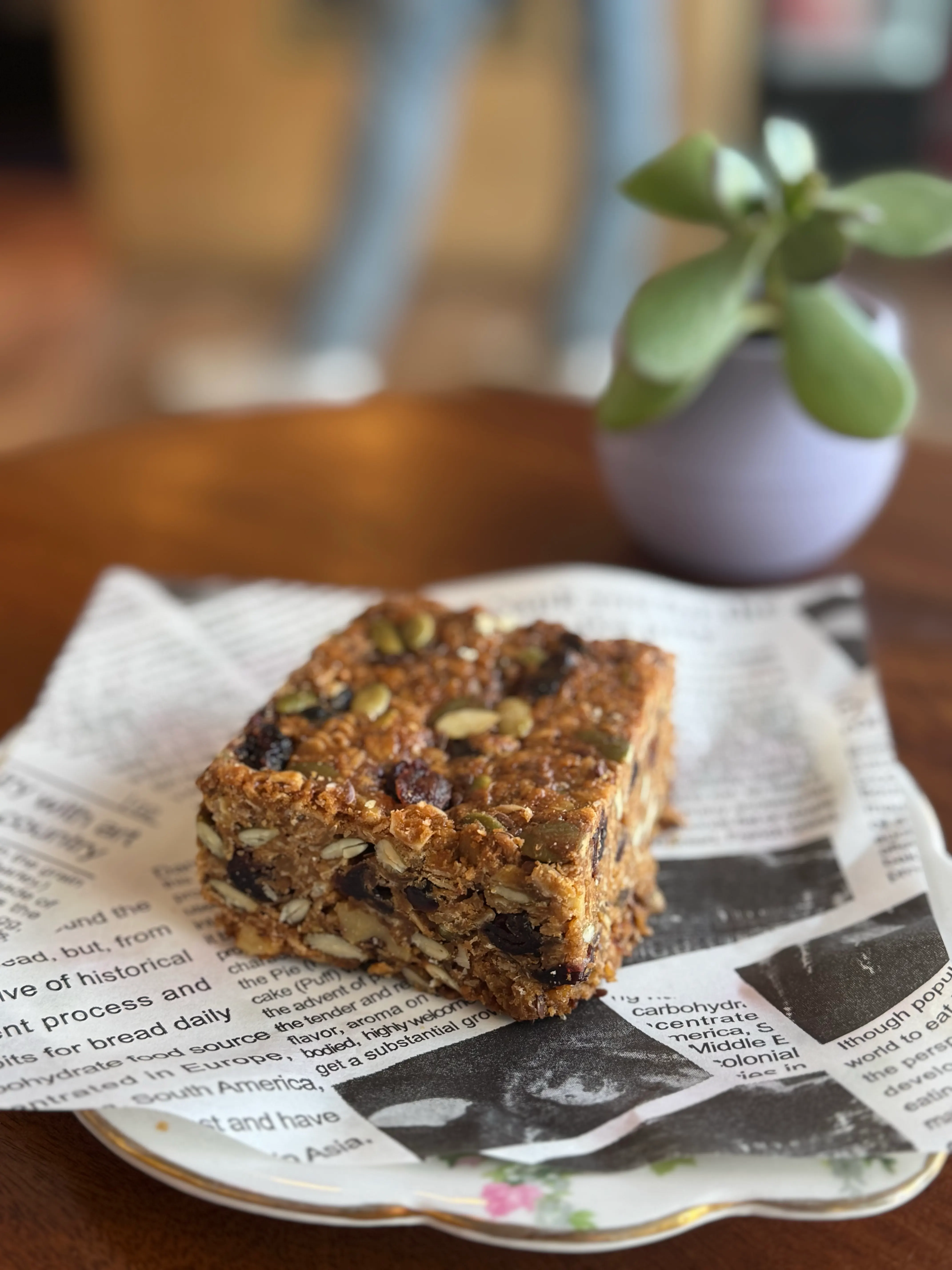 Granola bar on a floral plate with a small plant in the background