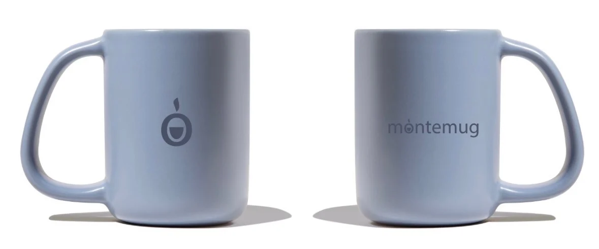 Blue Montemug mug prototype front and back